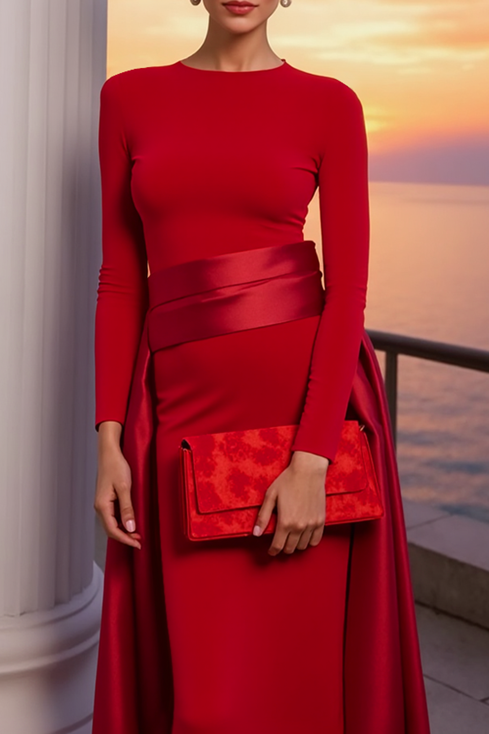 Red Evening Formal Dress Sheath Crew Neck Maxi Dress with Wrap