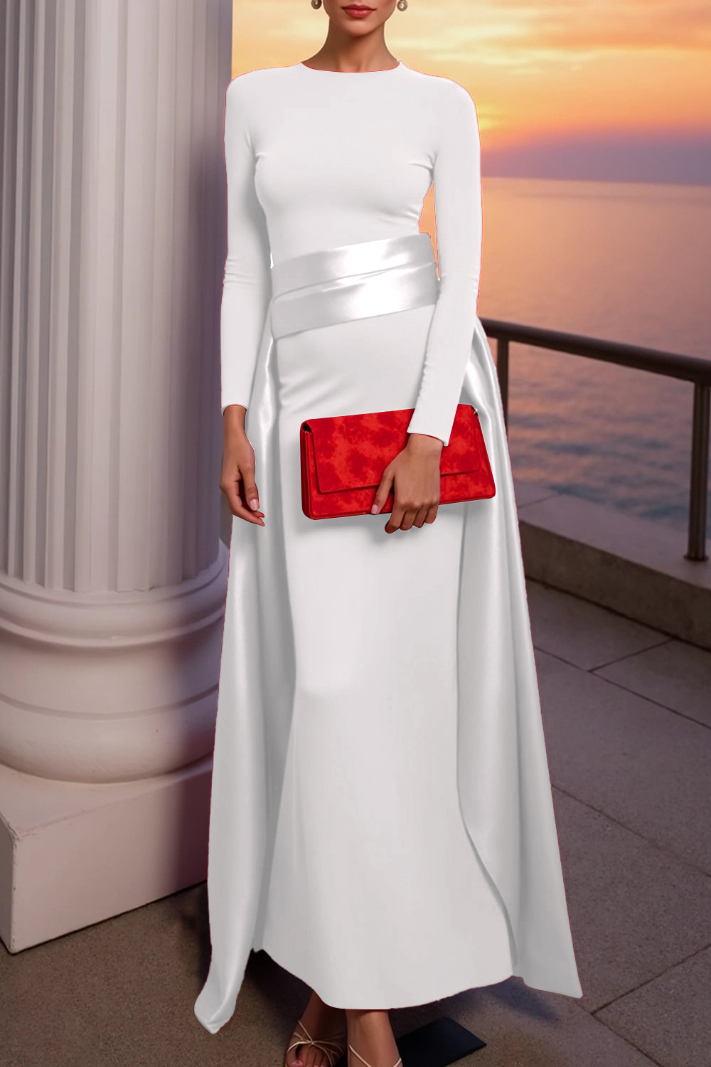 Red Evening Formal Dress Sheath Crew Neck Maxi Dress with Wrap