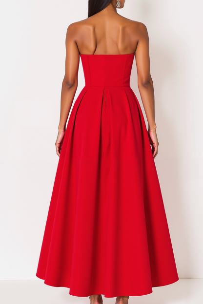 Red Formal Party Dress A-Line Strapless Maxi Dress 