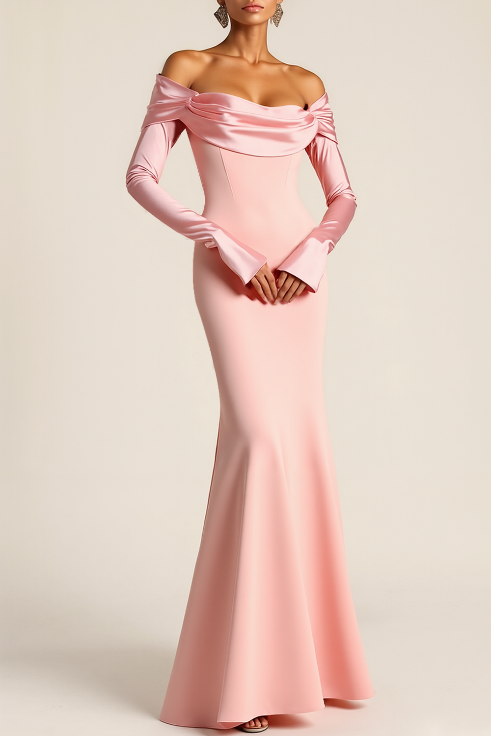 Pink Formal Dress Mermaid Off the Shoulder Satin Maxi Dress