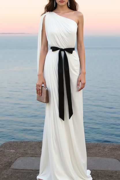 Formal Evening Dress White Sheath One Shoulder Chiffon Maxi Dress