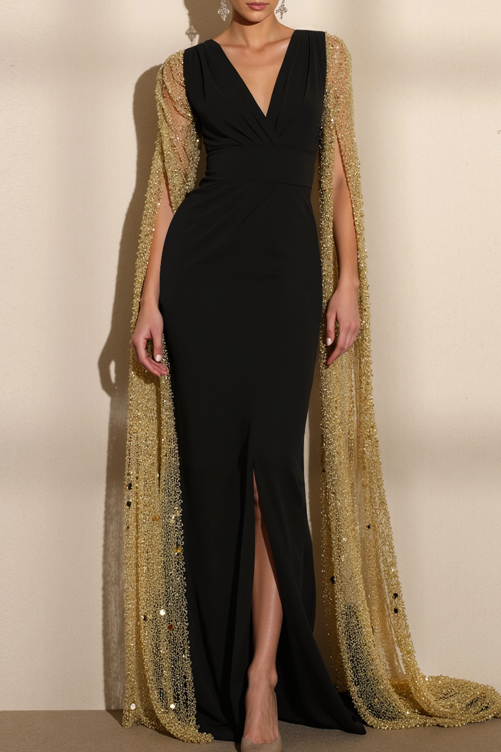 Black Evening Formal Dress Sheath V-Neck Cape Maxi Dress with Slit