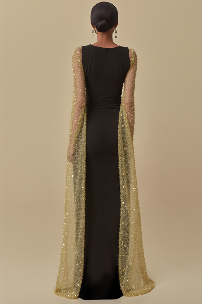 Black Evening Formal Dress Sheath V-Neck Cape Maxi Dress with Slit