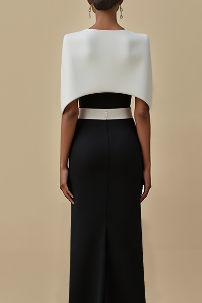 Formal Evening Dress Black&White Sheath Cape Maxi Dress with Slit
