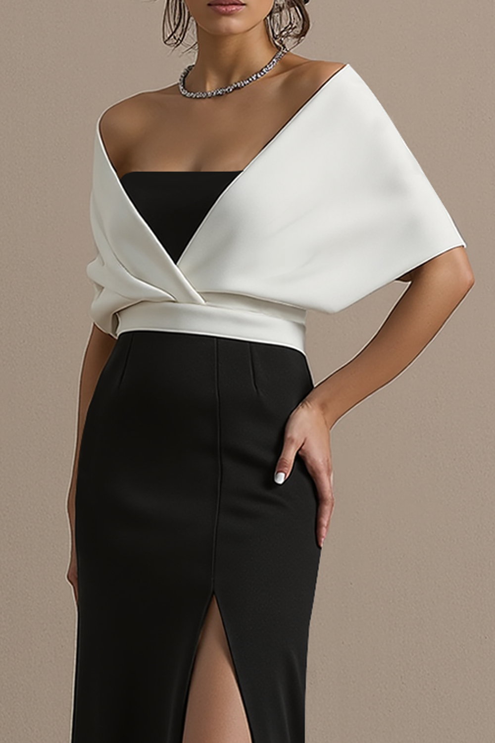 Formal Evening Dress Black&White Sheath Cape Maxi Dress with Slit