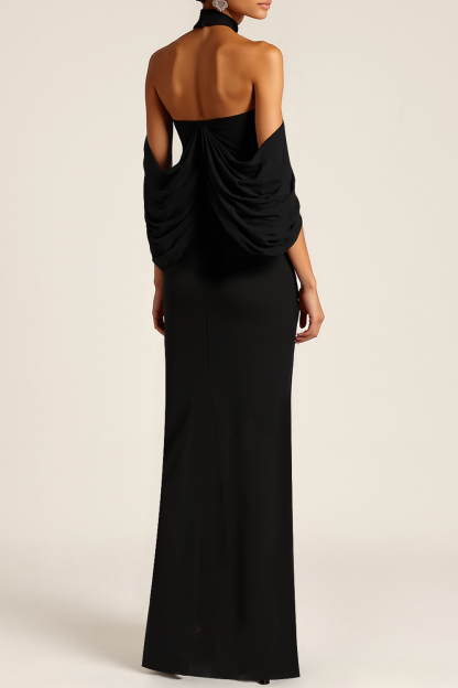 Formal Evening Dress Black Halter Cold Shoulder Maxi Dress 