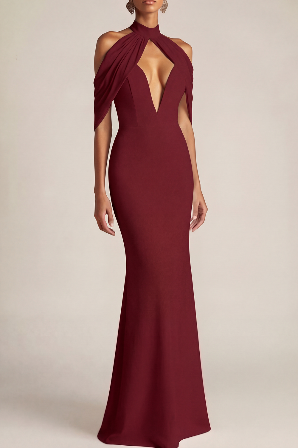 Formal Evening Dress Black Halter Cold Shoulder Maxi Dress 