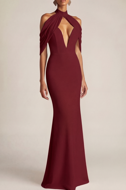 Formal Evening Dress Black Halter Cold Shoulder Maxi Dress 
