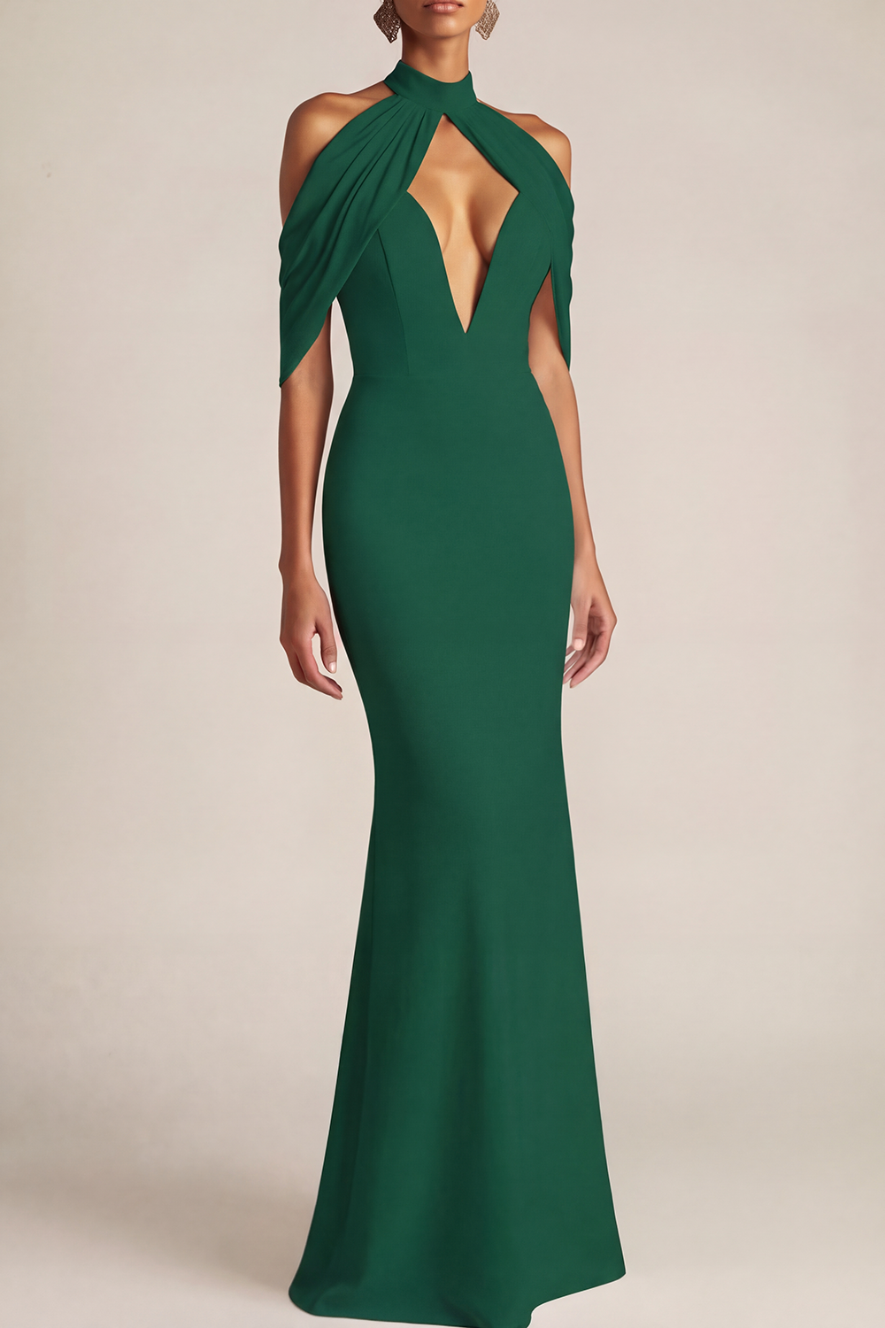 Formal Evening Dress Black Halter Cold Shoulder Maxi Dress 