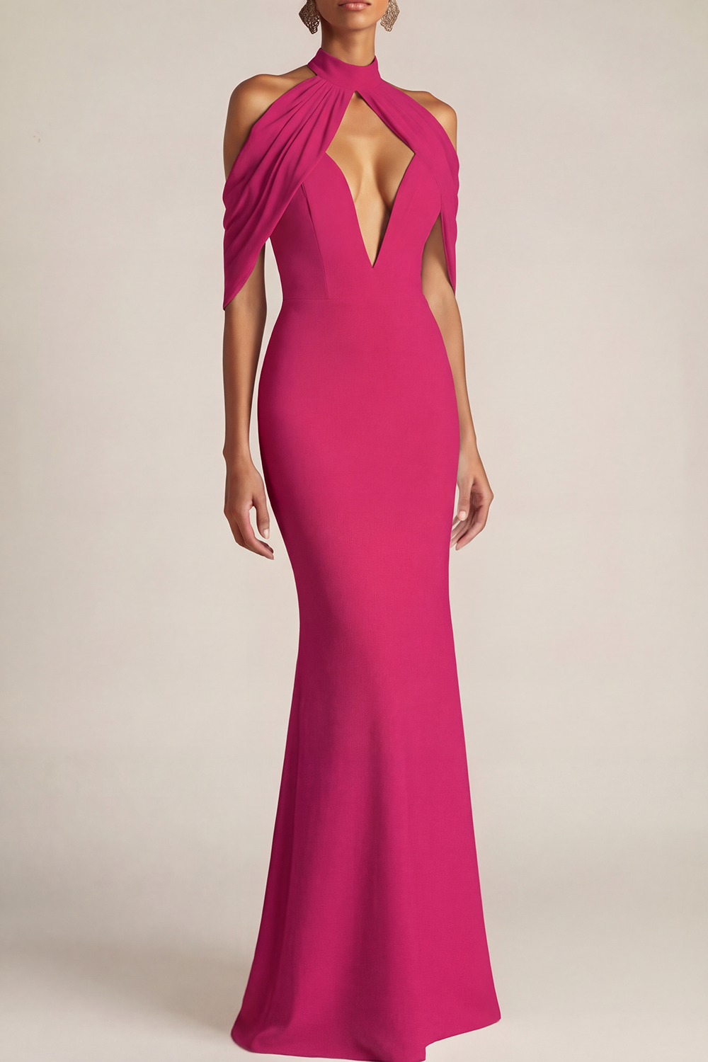 Formal Evening Dress Black Halter Cold Shoulder Maxi Dress