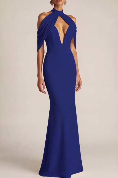 Formal Evening Dress Black Halter Cold Shoulder Maxi Dress 