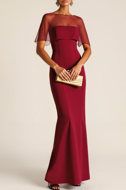 Evening Formal Dress Burgundy Sheath Strapless Cape Maxi Dress 