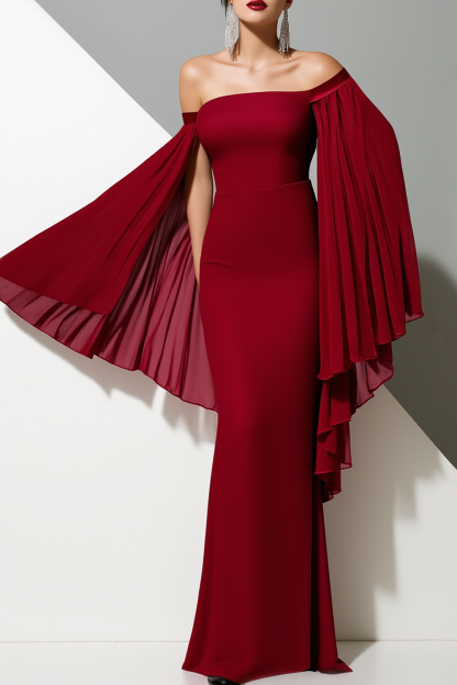 Formal Evening Dress Burgundy Sheath Off the Shoulder Chiffon Maxi Dress
