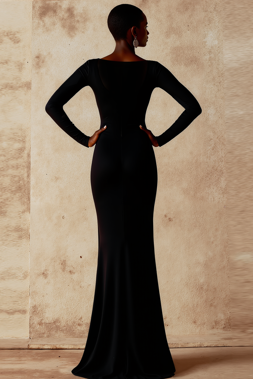 Formal Evening Dress Black Sheath Long Sleeve Maxi Dress 