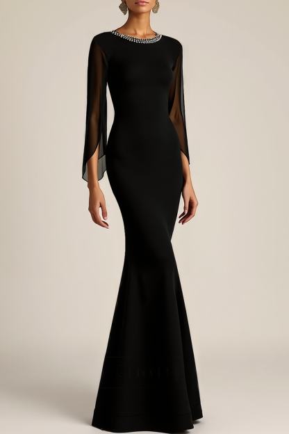  Formal Dress Black Mermaid Beaded Crew Neck Maxi Dress 