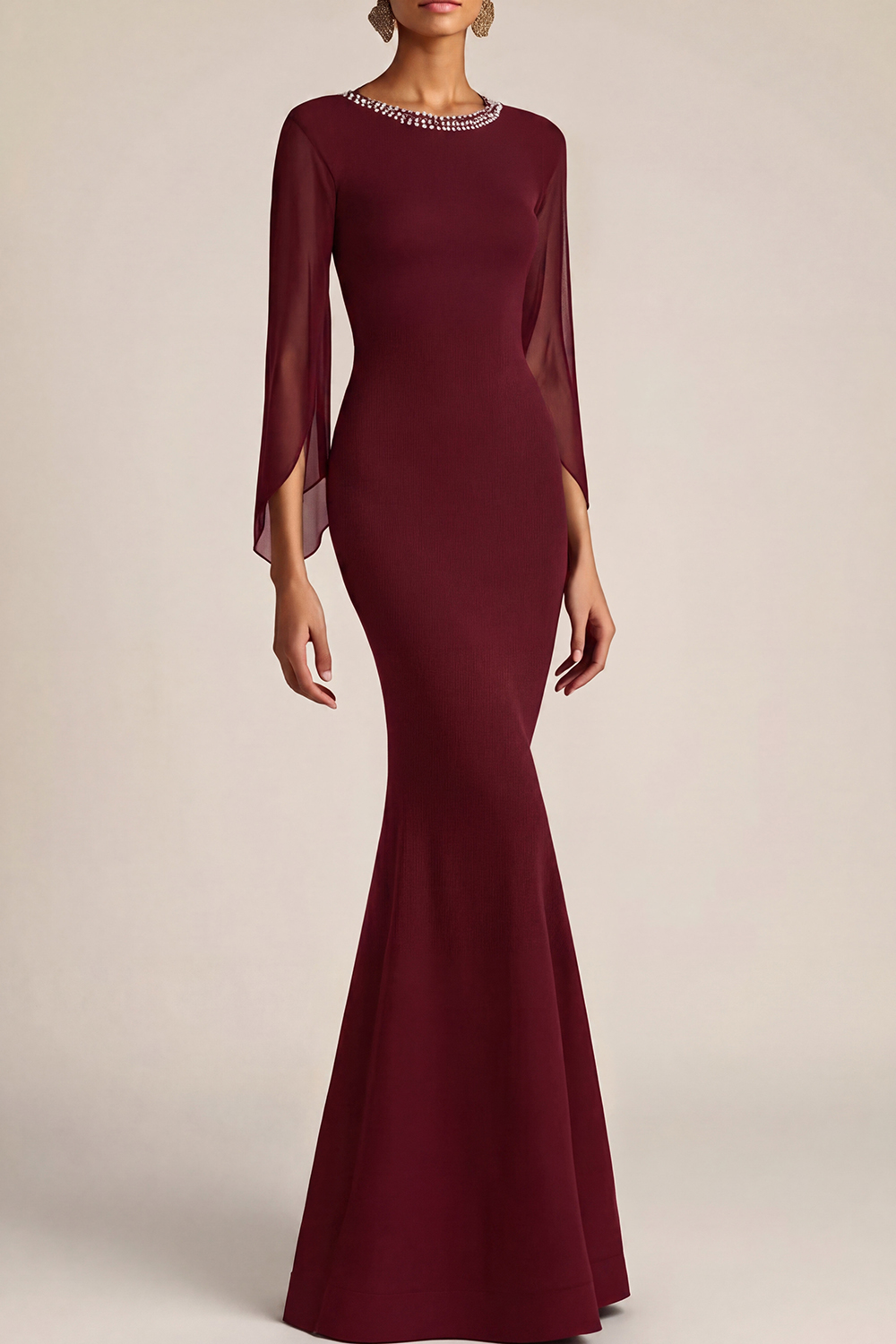 Formal Dress Black Mermaid Beaded Crew Neck Maxi Dress