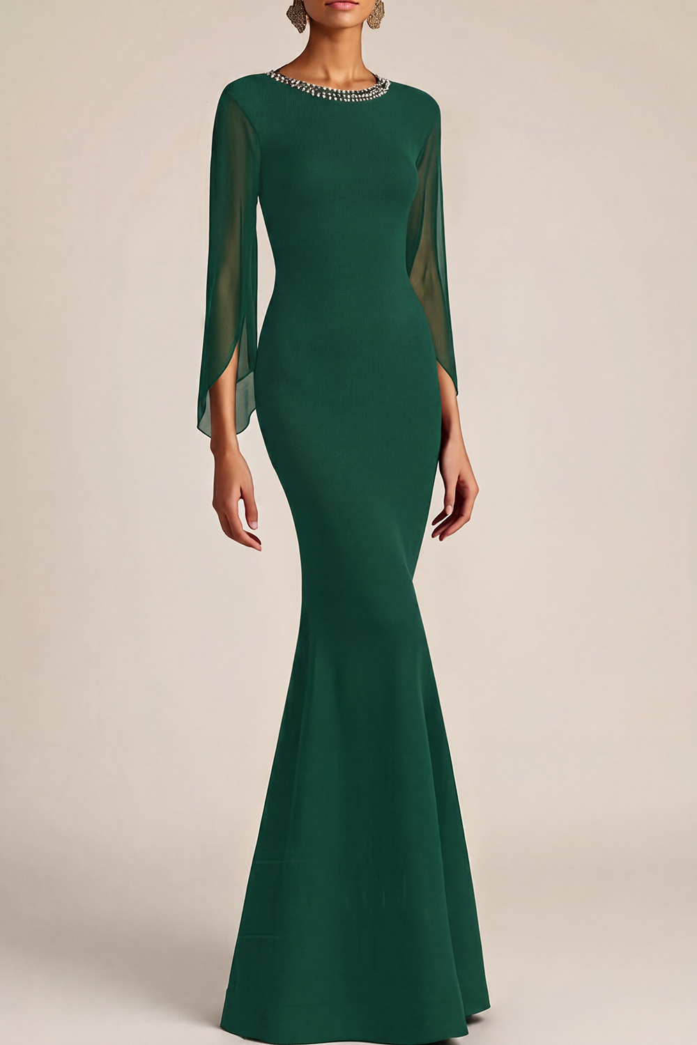 Formal Dress Black Mermaid Beaded Crew Neck Maxi Dress