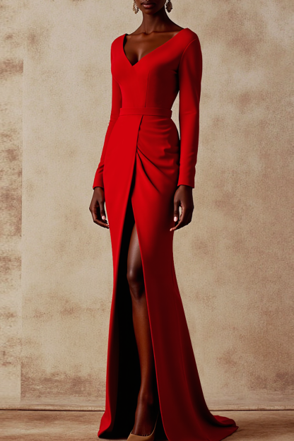 Formal Dress Red Sheath V-Neck Long Sleeve Maxi Dress with Slit