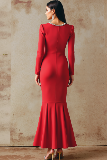 Evening Formal Dress Red Mermaid Beaded Crew Neck Maxi Dress 