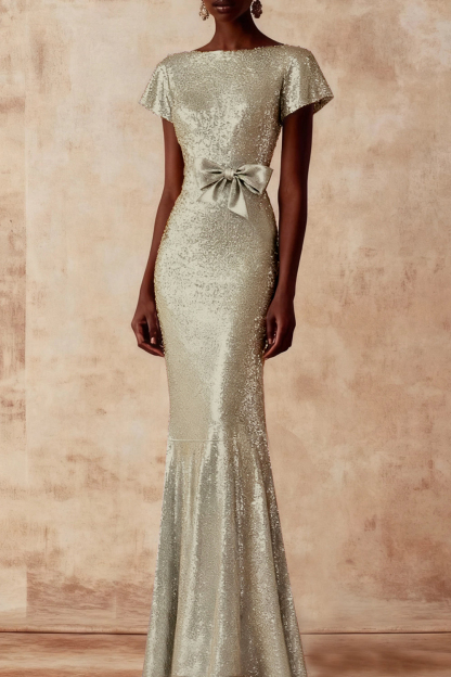 Evening Formal Dress Silver Mermaid Crew Neck Sequin Maxi Dress with Bowknot