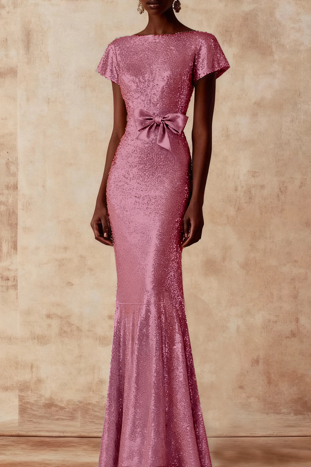 Evening Formal Dress Silver Mermaid Crew Neck Sequin Maxi Dress with Bowknot