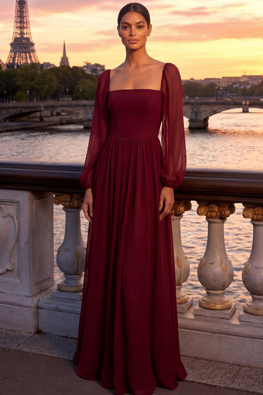 Burgundy Formal Evening Dress Square Neck Chiffon Maxi Dress