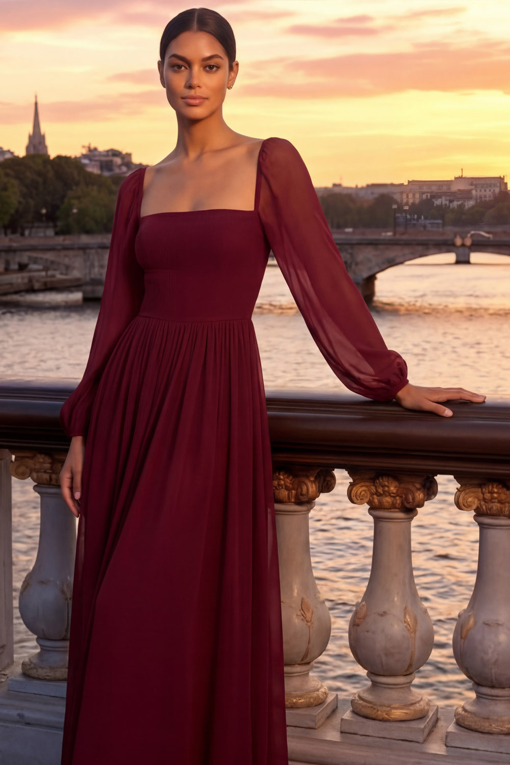 Burgundy Formal Evening Dress Square Neck Chiffon Maxi Dress