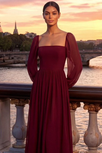 Burgundy Formal Evening Dress Square Neck Chiffon Maxi Dress