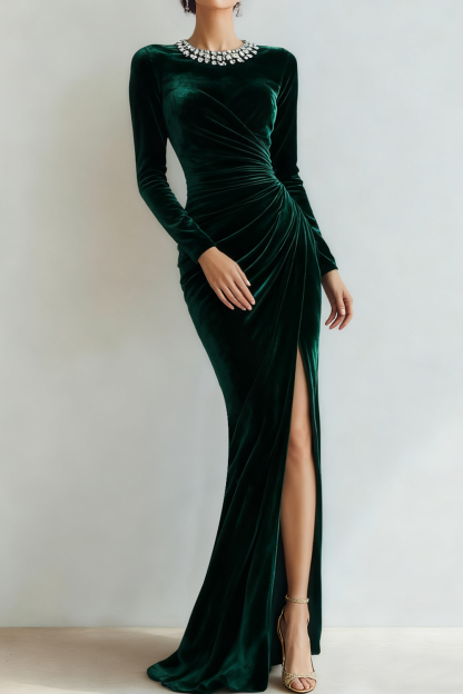 Dark Green Formal Dress Crew Neck Velvet Maxi Dress with Slit 