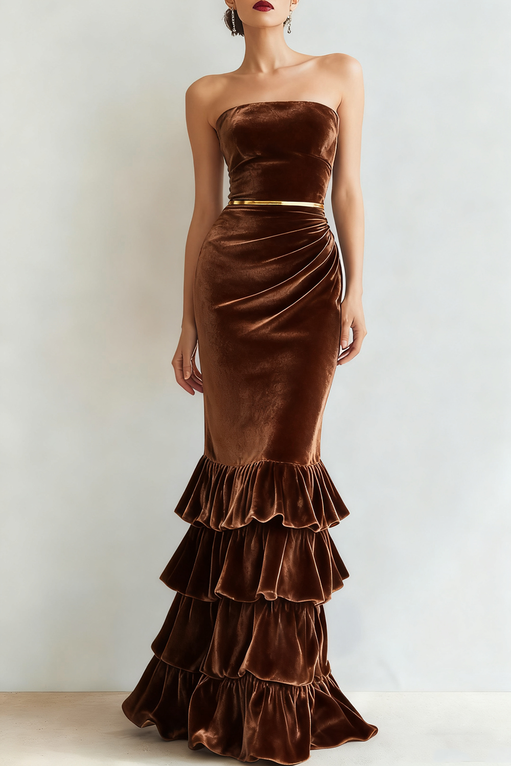  Formal Dress Mermaid Navy Strapless Tiered Velvet Maxi Dress 