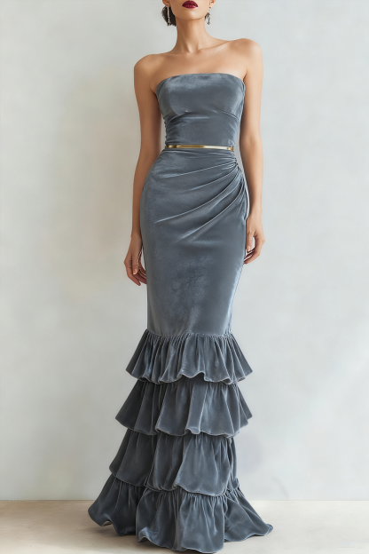  Formal Dress Mermaid Navy Strapless Tiered Velvet Maxi Dress 