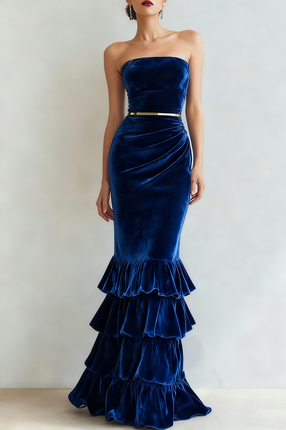  Formal Dress Mermaid Navy Strapless Tiered Velvet Maxi Dress 