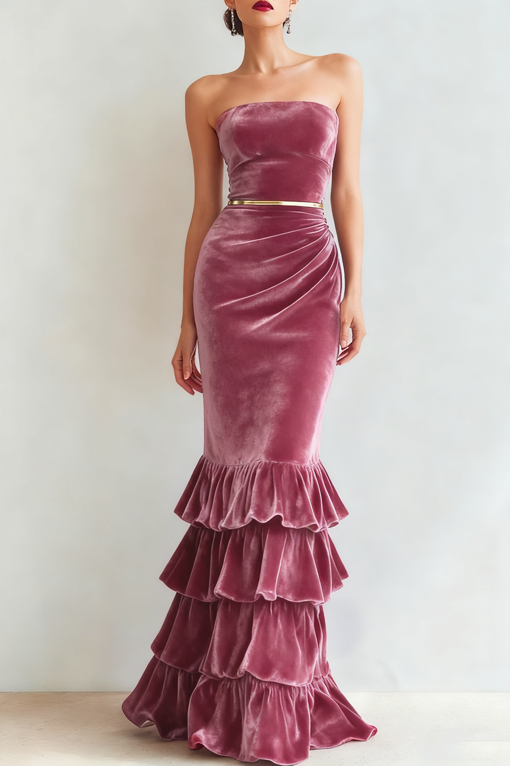  Formal Dress Mermaid Navy Strapless Tiered Velvet Maxi Dress 