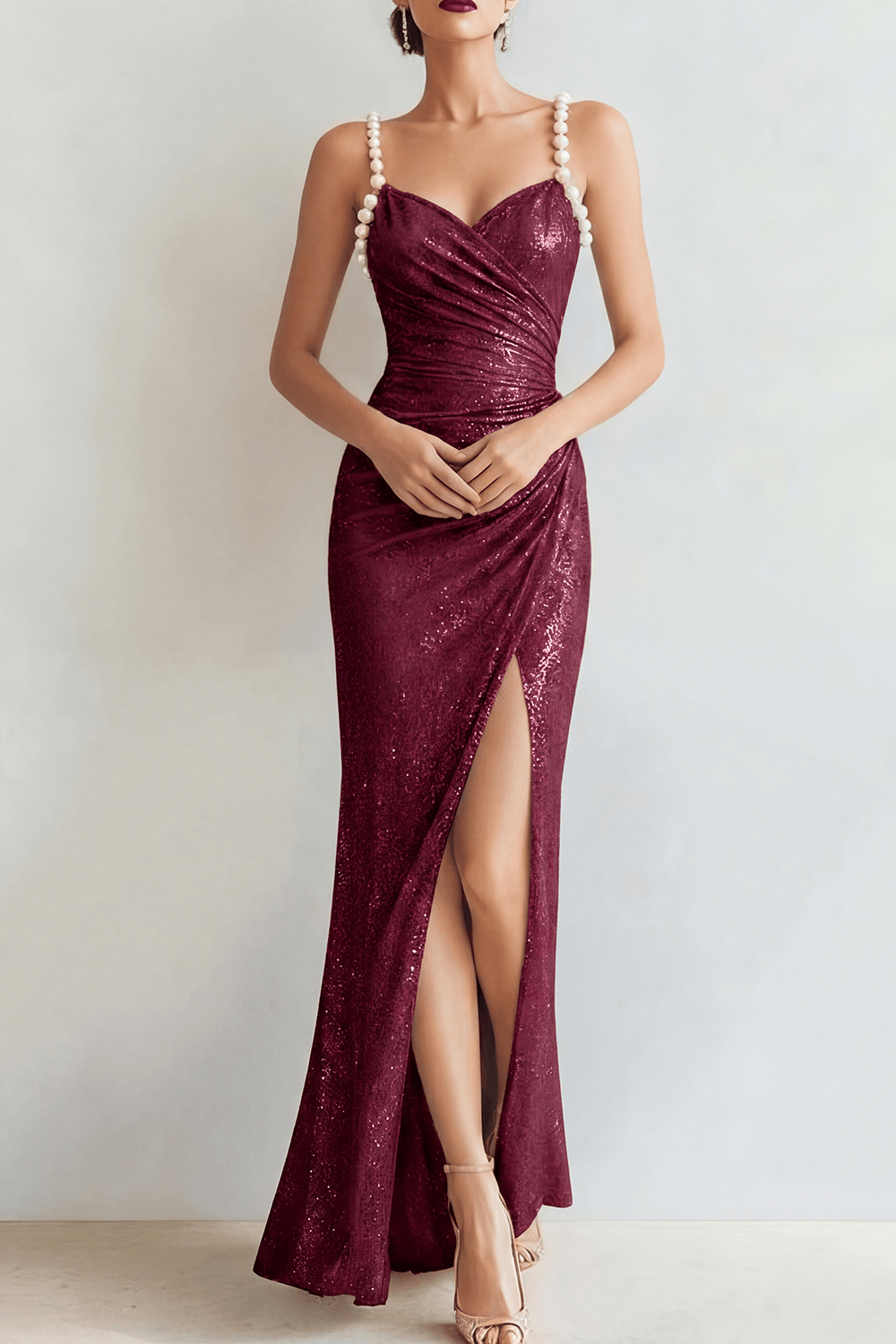 Evening Formal Dress Champagne Spaghetti Strap Sequin Maxi Dress with Slit