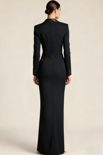  Formal Dress Black Sheath Lapel Long Sleeve Maxi Dress with Slit