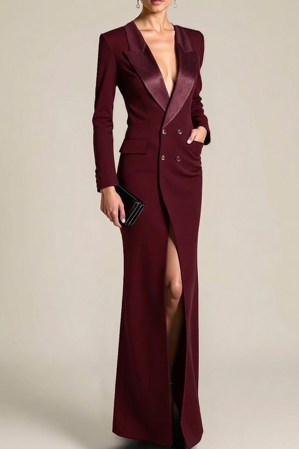 Formal Dress Black Sheath Lapel Long Sleeve Maxi Dress with Slit