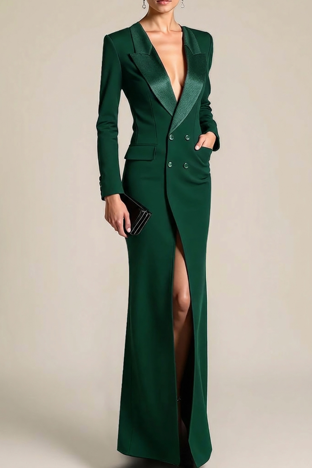 Formal Dress Black Sheath Lapel Long Sleeve Maxi Dress with Slit