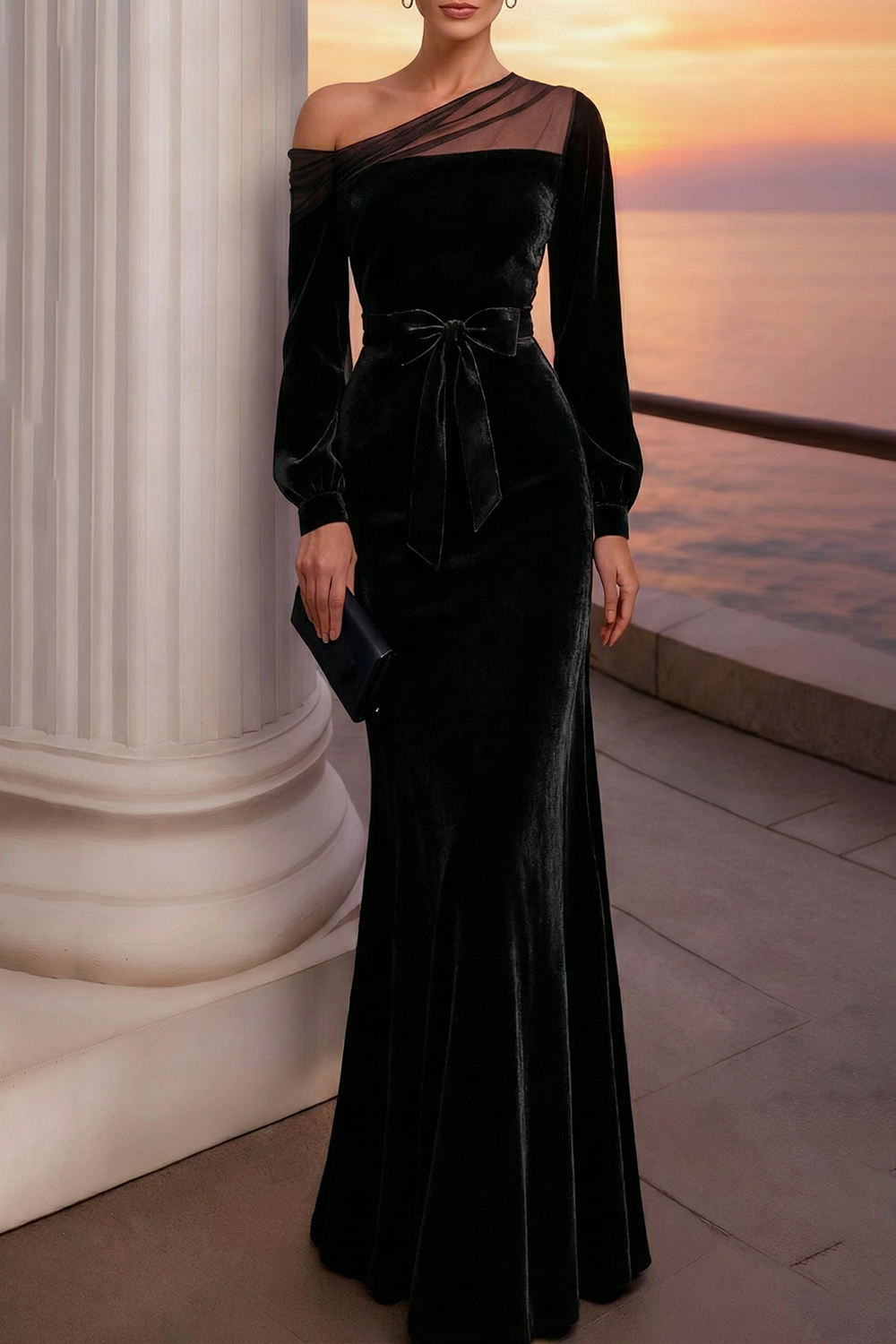 Evening Formal Dress Burgundy One Shoulder Velvet Maxi Dress