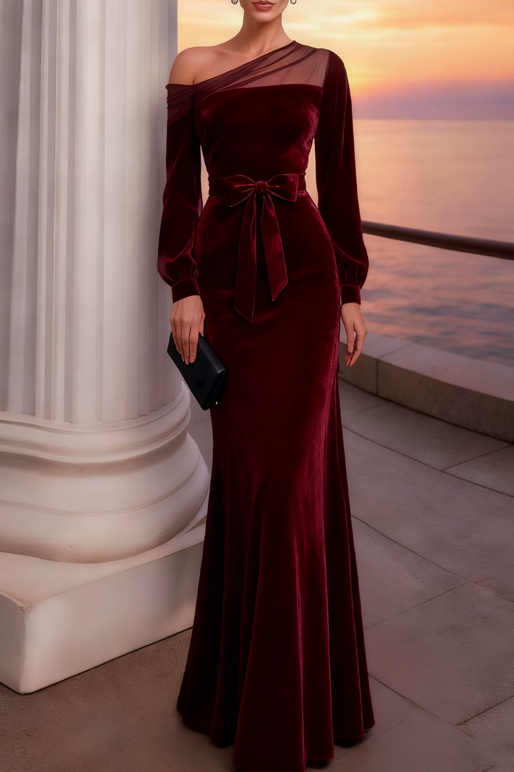 Evening Formal Dress Burgundy One Shoulder Velvet Maxi Dress 