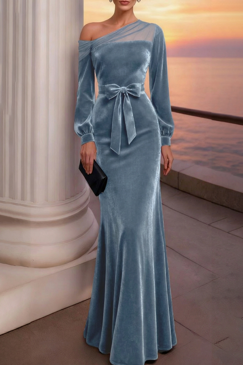 Evening Formal Dress Burgundy One Shoulder Velvet Maxi Dress