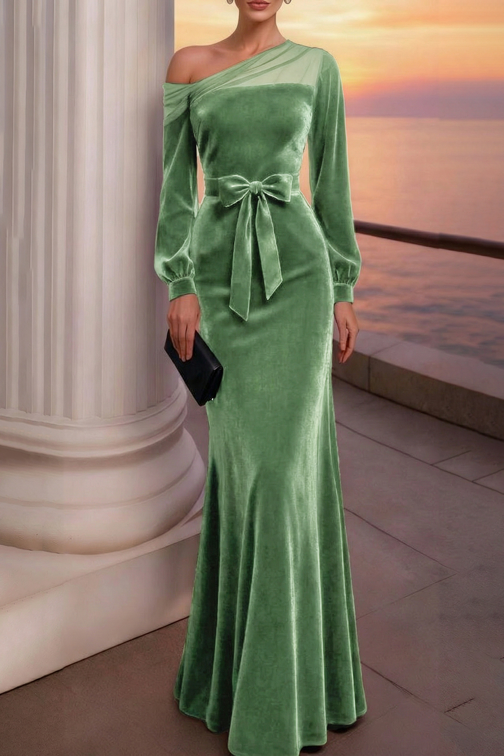 Evening Formal Dress Burgundy One Shoulder Velvet Maxi Dress