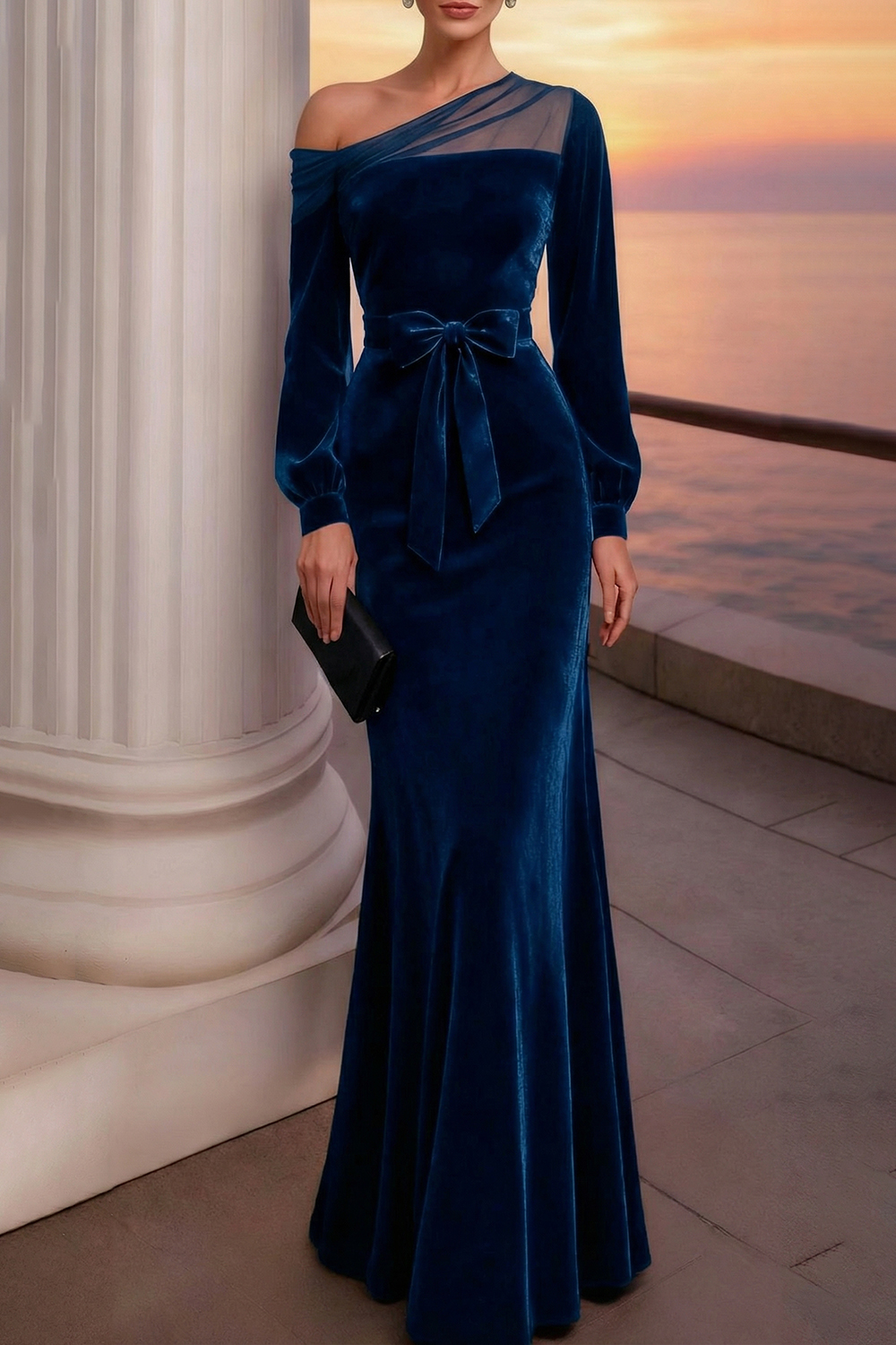 Evening Formal Dress Burgundy One Shoulder Velvet Maxi Dress