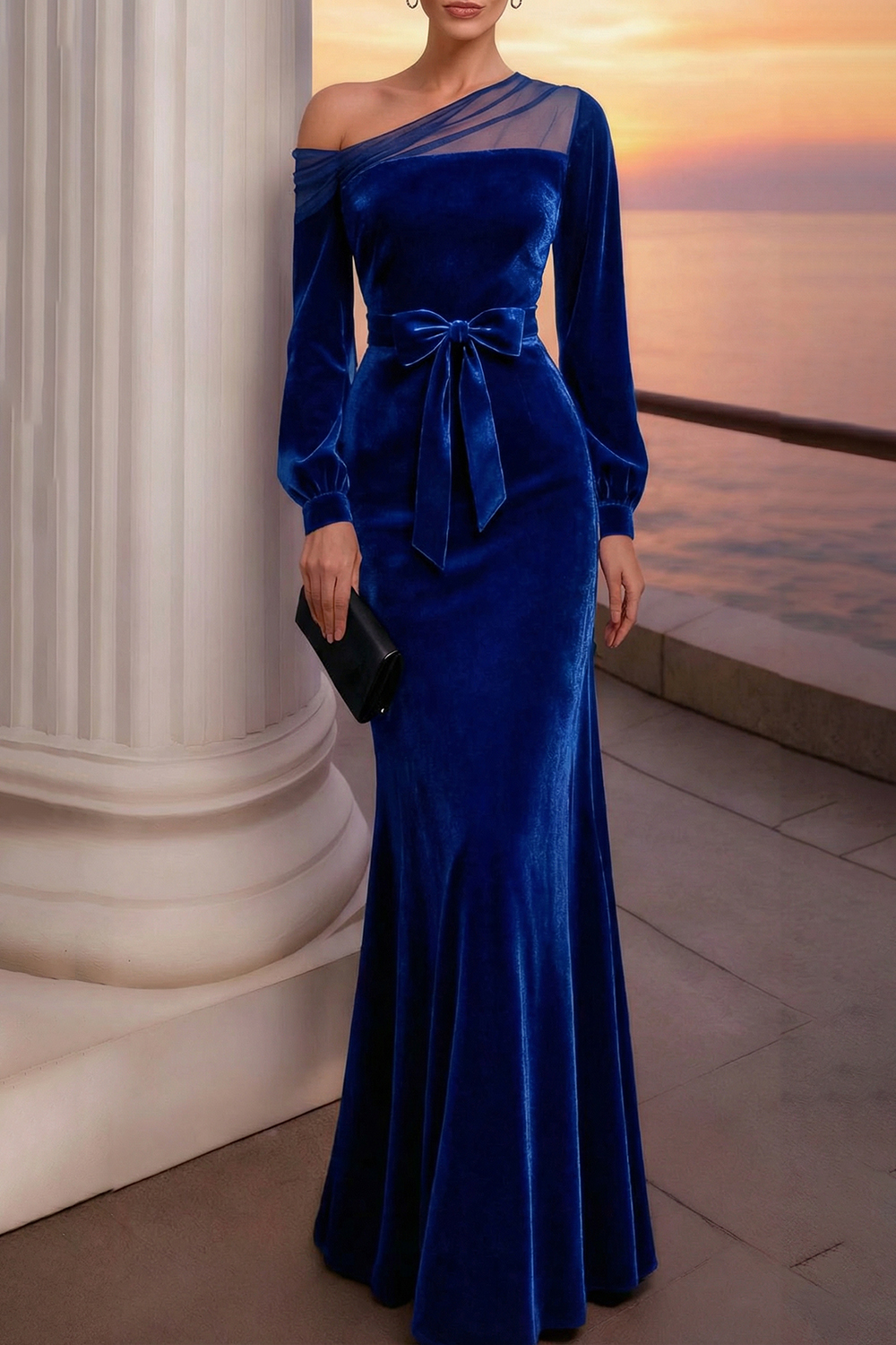 Evening Formal Dress Burgundy One Shoulder Velvet Maxi Dress