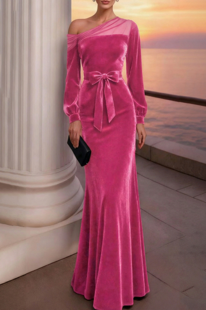 Evening Formal Dress Burgundy One Shoulder Velvet Maxi Dress 