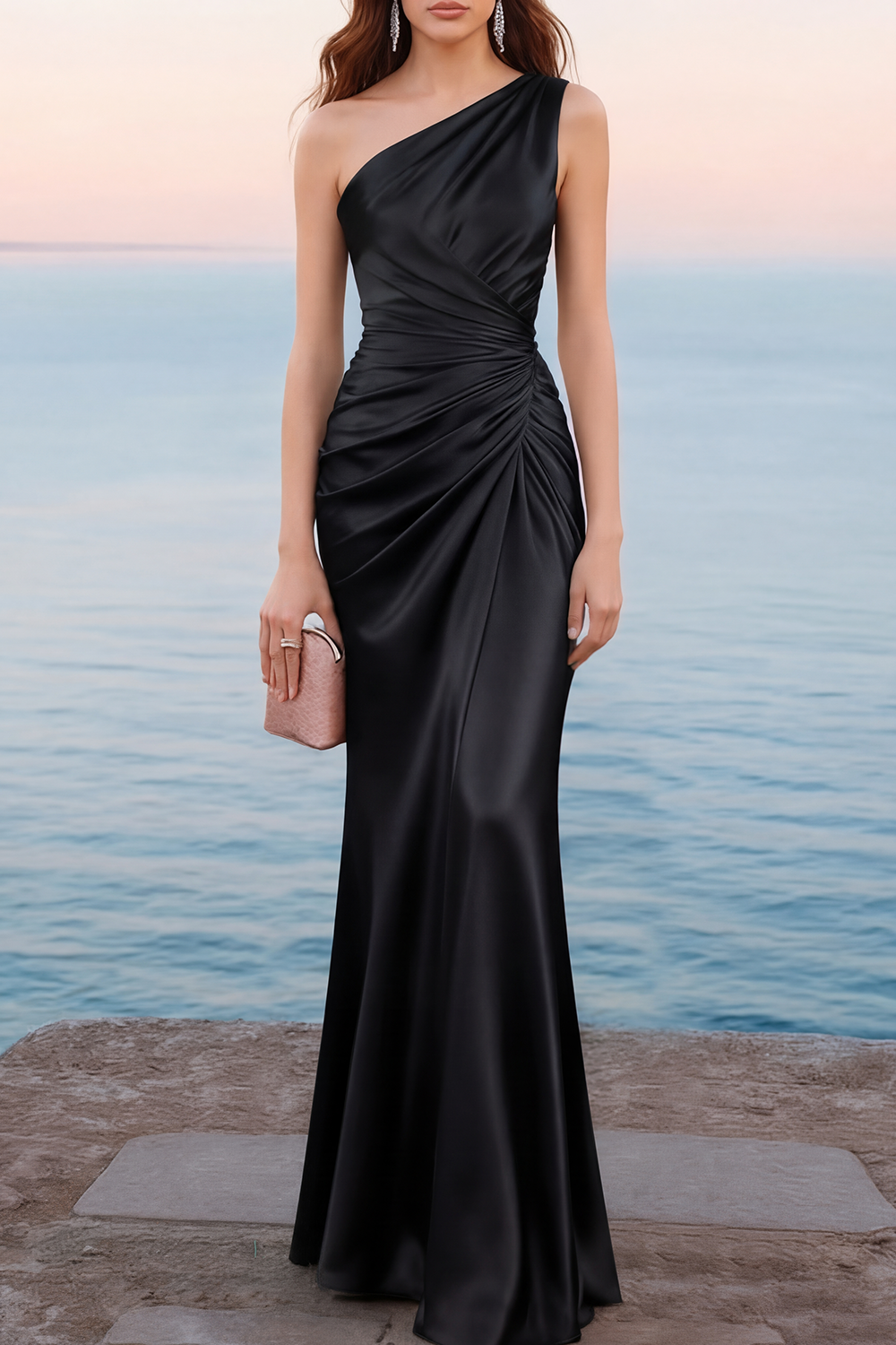 Emerald Green Formal Dress Mermaid One Shoulder Satin Maxi Dress