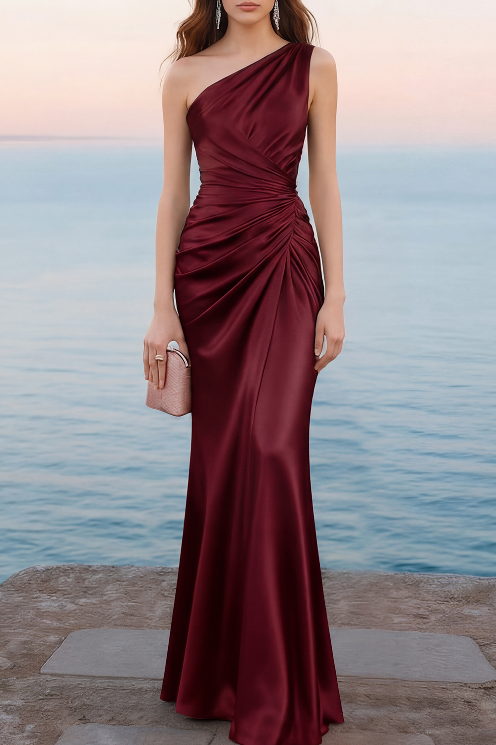 Emerald Green Formal Dress Mermaid One Shoulder Satin Maxi Dress 