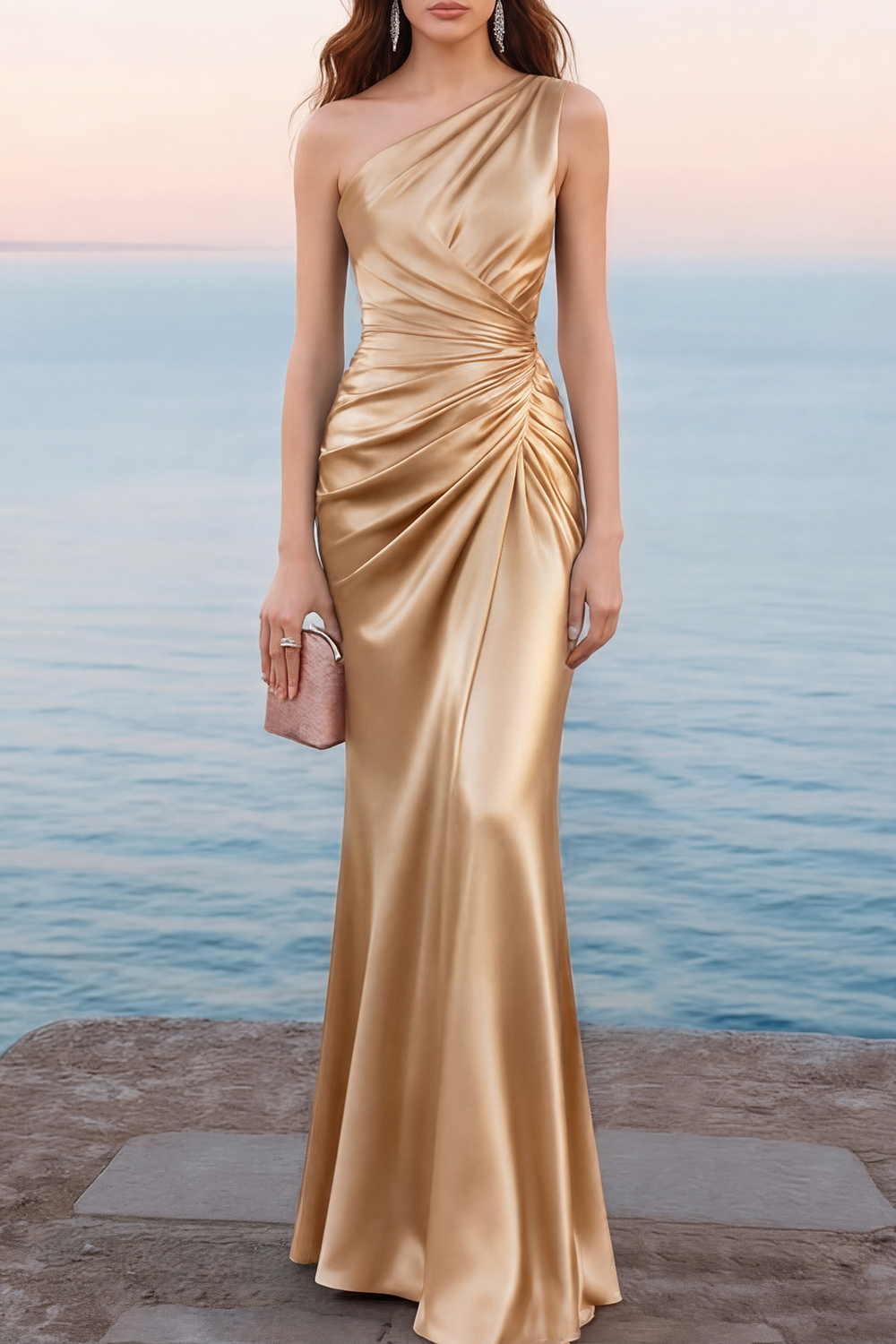 Emerald Green Formal Dress Mermaid One Shoulder Satin Maxi Dress 