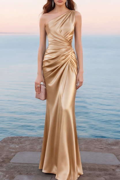 Emerald Green Formal Dress Mermaid One Shoulder Satin Maxi Dress 