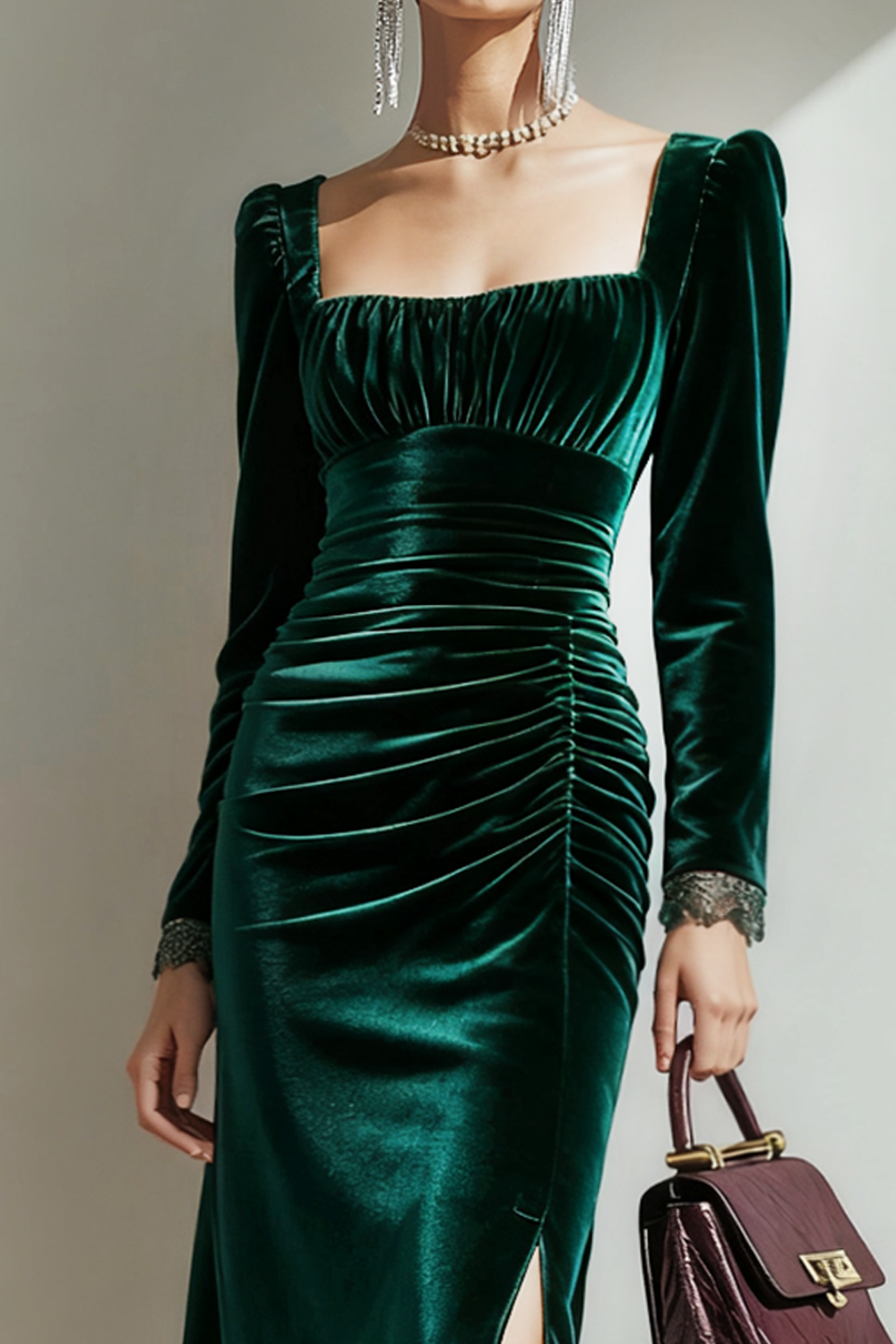 Formal Party Dress Emerald Green Square Neck Ruched Velvet Maxi Dress with Slit