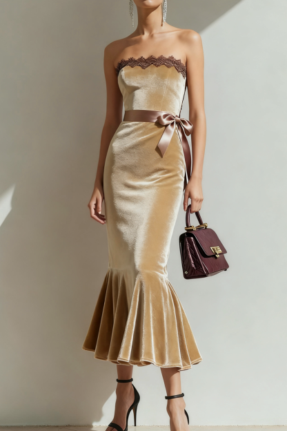 Formal Party Dress Khaki Mermaid Strapless Velvet Midi Dress with Lace